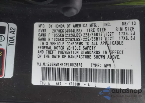 2014 Honda Cr-V Ex from USA, damaged, VIN 5J6RM4H53EL002876